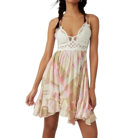 Free People Size Medium Adella Plaid Lace Mini Babydoll Aline Slip Dress - Picture 1 of 3